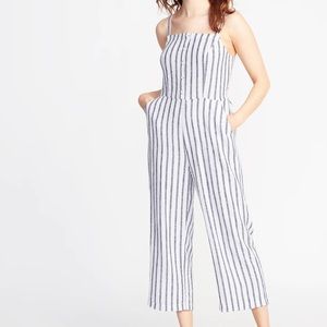 navy and white stripped jumpsuit